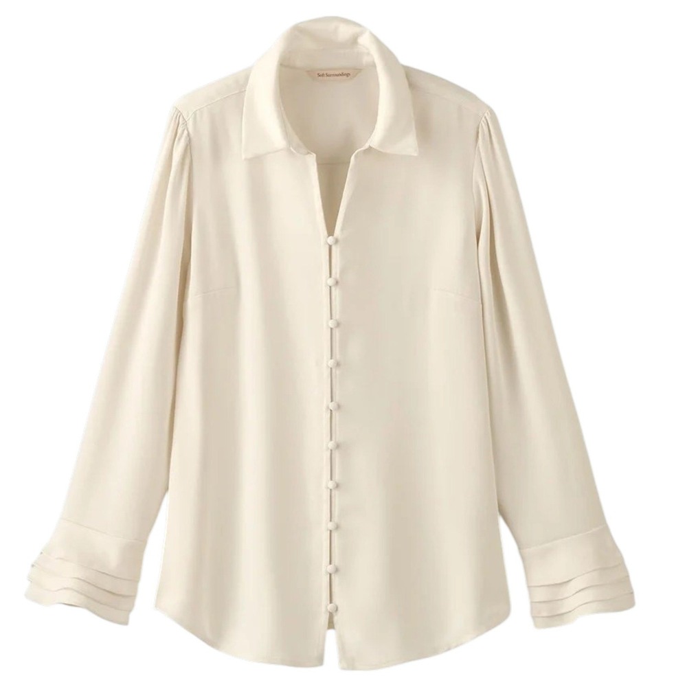 Soft Surroundings Sonnet Blouse Cream Ruffle Cuff Button Down Romantic Office XL